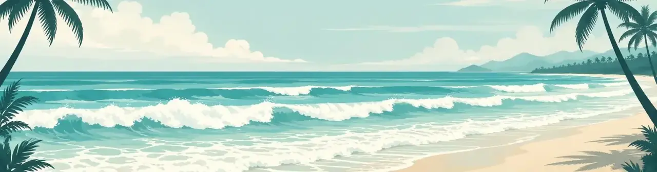 连载广场 · 每天都有新浪花 · 海岛白浪阅读风栏目头图 连载广场 · 每天都有新浪花栏目背景插画:海岛椰林与白浪海岸的扁平风格插画