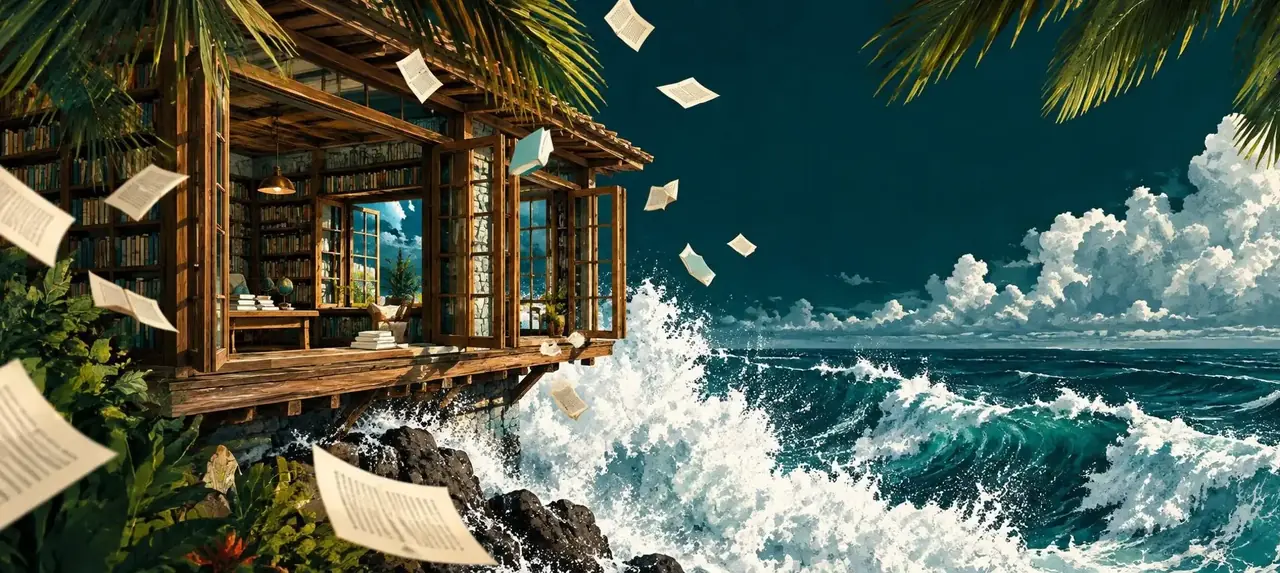 推荐作品《白浪图书馆》氛围插画：涨潮开门，退潮关窗，只在白浪拍岸的十分钟里借书。