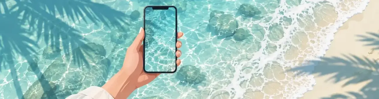 下载APP · 把海岛装进口袋 · 海岛白浪阅读风栏目头图 下载APP · 把海岛装进口袋栏目背景插画:海岛椰林与白浪海岸的扁平风格插画